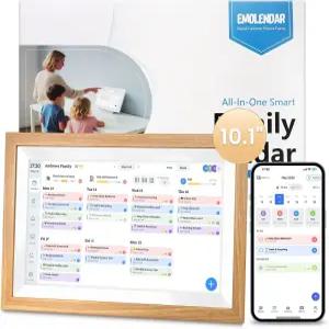 에몰렌다 디지털 캘린더 10.1인치 스마트 와이파이 전자 나무 프레임 풀 HD 터치스크린 디스플레이 액자