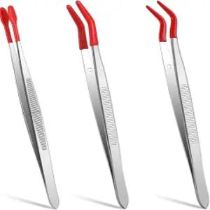 고무 팁 핀셋 공예용 3개 59인치 길이 우표 정원 보석 DIY 취미 전자제품 평평한 직선 및 구부러진 팁실버