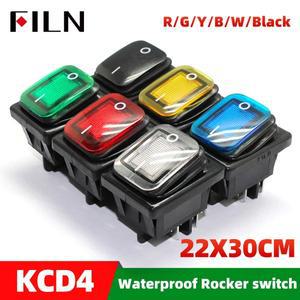 FILN KCD4 헤비듀티 4피트 방수 온오프 실버 접점 구리 핀 녹색 빨간색 LED 램프 220v 30A 로커 스위치