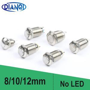 하이 플랫 구형 볼 헤드, 둥근 금속 크롬 푸시 버튼 스위치, LED 핀, NC 단자 없음, 8mm, 10mm, 12mm