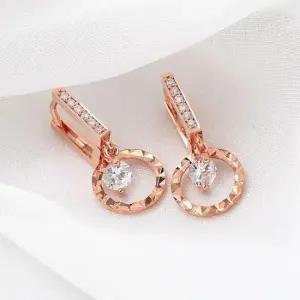 데일리귀걸이 금침 로즈골드 원터치 라운드 큐빅 드롭 귀걸이 14K