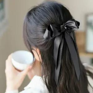 [골드스마일](엔젤슈슈) 새틴 롱리본 자동 헤어핀(블랙) 반묶음핀