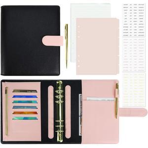 코큐 A5 가죽 바인더 커버 - 리필 용지, 칸막이, 골드 펜 및 스티커 3개, 여행 일지 노트북 커버(블랙 & 핑크)로 가능한 6링 플래너 정리함