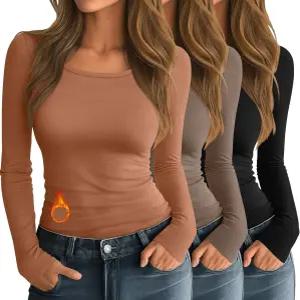 니어 3팩 여성용 보온 셔츠 긴팔 크루넥 플리스 안감 언더셔츠 슬림 핏 기본 상의 겨울 레이어