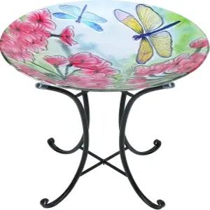 야외용 MUMTOP 조류 목욕 - 금속 스탠드가 있는 잠자리 대형 그릇 정원 잔디 마당 장식용 유리