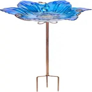 정원 마당 잔디 장식용 금속 말뚝이 있는 야외 유리 새 목욕 그릇 모이통 꽃 패턴을 위한 맘탑 (파란색)