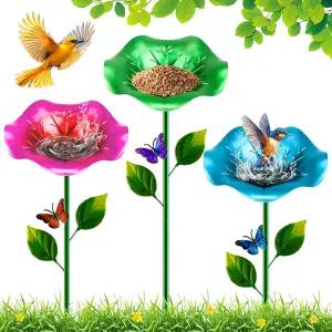 피모피드레 3팩 야외용 새 목욕 금속 벌새 및 말뚝이 달린 모이통 정원 잔디 장식 조절 가능한 높이의 꽃