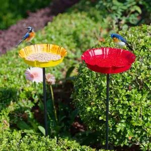 드림소울 2개의 말뚝이 달린 새탕 야외 정원용 마당 정원 잔디 장식용 금속 (빨강 및 노랑)