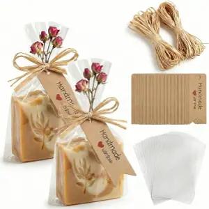 라피아 로프가 포함된 100개의 투명 셀로판 백 4.7x7 비누 쿠키 캔디 포장을 위한 러브 태그가 있는 수제