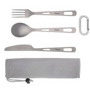 티베스트 티타늄 캠핑 도구 스푼 포크 배낭 세트 여행용 및 여행 커틀러 경량 카라비너 커틀러, 가방 실버웨어 나이프
