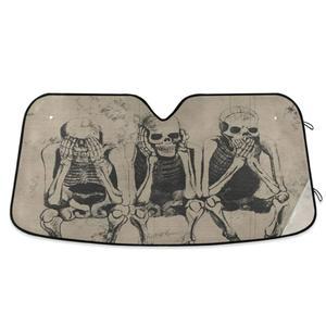 윈드실드 선쉐이드 허름한 해골 세 마리 원숭이 램 전면 창문 차단 자동차 SUV 트럭용 UV 쉐이드 바이저 반사식 리트랙터블