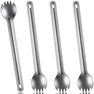 4피스 티타늄 롱핸들 스팍 및 스푼 야외 배낭여행 8.7인치 포터블 초경량 수프 플랫웨어 식기(실버) 캠핑 하이킹 여행
