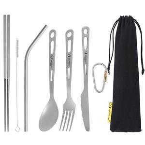실버란트 티타늄 캠핑 플랫웨어, 스팍 스푼 세트 및 카라비너 하이킹용 도시락 드로스트링 - 백 나이프 휴대용 야외 빨대 식기, 샌드블라스트 식기 젓가락