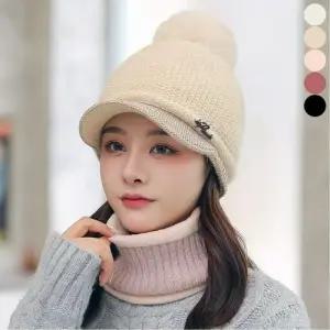 니트 비니 기모 챙있는 세트 왕방울 넥워머 퍼 여성 WFGC6BZ