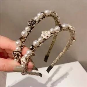 햅번 공주풍 보석 머리띠 크리스탈 진주 레트로 장미