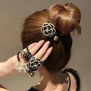 진주 방울 삼색 장미 골드 머리끈 탄탄한 슈슈 꽃 고무밴드