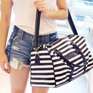 [퍼니메이커]여성 스트라이프 캐주얼 빅백 휴가 보스턴백 스타일 여행가방보스턴백 여행용가방폴딩백 여행
