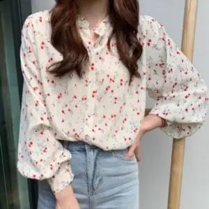 블랙 퍼프 소매 여성 벌룬 긴팔 플라워 블라우스