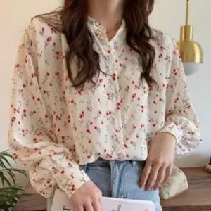 퍼프 여성 긴팔 소매 플라워 벌룬 화이트 블라우스