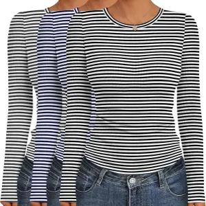 여성용 긴팔 티셔츠 3종 세트 크루넥 신축성 좋은 골지 피트 상의 부드러운 소재 베이스 레이어 가을 겨울