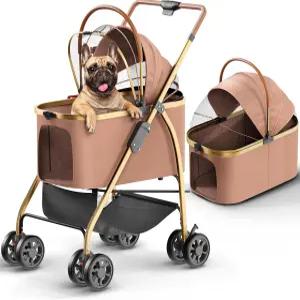 소형견 및 고양이용 반려동물 유모차 - 2-in-1 탈착식 캐리어 지퍼 없는 입구 수납 바구니가 있는 가벼운
