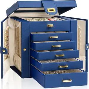 AKOZLIN 주얼리 박스 정리함 기능성 가죽 보관 케이스 여성용 링 목걸이 귀걸이 팔찌 미러 블루 포함