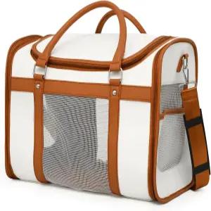 고양이와 작은 개를 위한 프리미엄 반려동물 캐리어 메시 윈도우가 있는 스타일리시한 화이트 브라운 PU