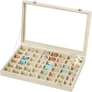 프리뷰티 48 그리드 주얼리 트레이 유리 뚜껑이 있는 조절 가능한 귀걸이 홀더 정리함 반지용 벨벳 서랍