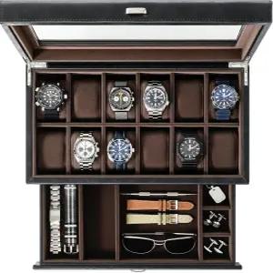 남성용 TAWBURY 시계 상자 - 보관 서랍 리얼 유리 디스플레이 및 대형 시계(블랙/그레이)를 위한 2인치