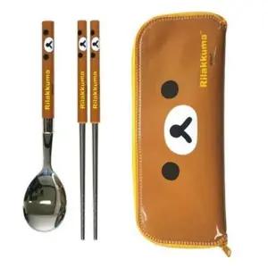 ( )리락쿠마 얼굴 슬림 수저 케이스 세트 캐릭터 휴대용 젓가락 스푼 세트 도시락