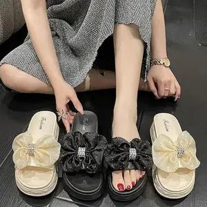 여자 사무실 외출 여름 큐빅 쉬폰 통굽 리본 슬리퍼 굽높은 쪼리 비치 여름쪼리 꽃무늬