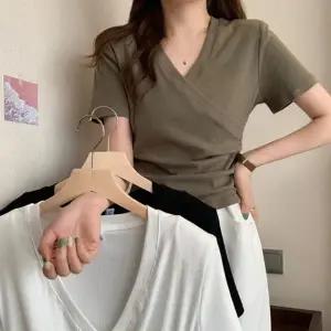 데일리 여자티 V넥 랩 셔링 반팔 티셔츠 여름 상의