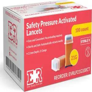 에브리 레디 응급처치 안전 압력 활성화 랜싯 멸균 푸시 - 혈당 검사용 2.2mm 21 게이지 100 카운트
