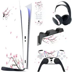 PS5 콘솔 디지털 에디션용 플레이바이탈 폴링 체리블라썸 풀세트 스킨 데칼 컨트롤러 및 충전소용 스티커