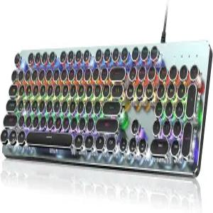 리소파이 타이프라이터 스타일 기계식 게이밍 키보드 메탈 패널 레트로 펑크 원형 키캡 클릭키 블루 스위치