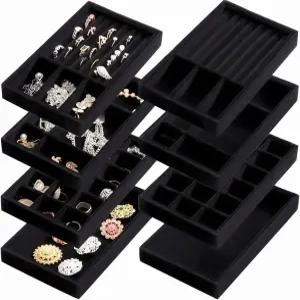 엘조이 8팩 4스타일 블랙 벨벳 주얼리 트레이 8인치 x 5인치 정리 서랍 반지 귀걸이 목걸이용 스태커블