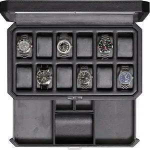 발렛 서랍이 있는 ROTHWELL 12 슬롯 가죽 시계 상자 - 럭셔리 및 보석 케이스 디스플레이 정리함