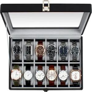 GUKA 시계 상자 대형 실제 유리 뚜껑이 있는 12 슬롯 케이스 탈착식 베개가 정리함 검은색 합성 가죽