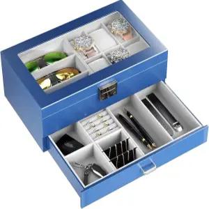 프로케이스 옻칠 마감 원목 남성용 주얼리 박스 6 슬롯 시계 및 선글라스 정리함 유리 상판 수납 서랍이