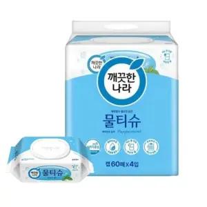[깨끗한나라] 깨끗한나라 페퍼민트 블루 물티슈 캡60매 4입