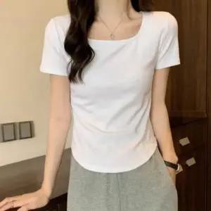 여성 여름 슬림핏 유넥 스퀘어넥 반팔 세미크롭 티셔츠