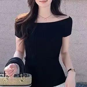 (옵션 블랙)여성 여름 슬림핏 반팔 니트탑 검정색 오프숄더티 랍슨유통
