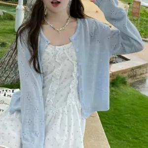 ( )여성 여름 얇은 펀칭 여리핏 살안타템 긴팔 가디건 크림