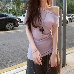 여자 여름 외출 언발 오프 숄더 스림핏 반팔티 레이스 티셔츠 레이스티 여성 U넥 라운드