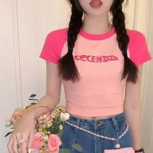 여자 빈티지 스타일 골지 배색 크롭 반팔 티셔츠 여성 U넥 라운드 반팔티 이너 여름