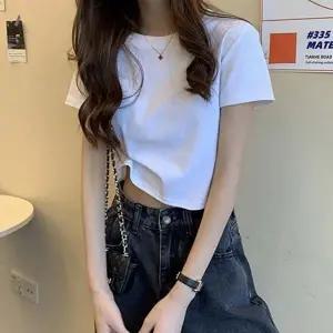 여자 깔끔 기본 디자인 슬림핏 크롭 반팔 티셔츠 여성 U넥 라운드 반팔티 이너 여름