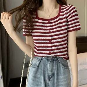 여자 단추 단가라 스퀘어넥 스트라이프 니트 반팔티 여성 티셔츠 U넥 라운드 이너 여름