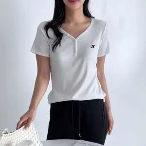 여자 데일리 와이넥 버튼 포인트 골지 반팔 티셔츠 여성 U넥 라운드 반팔티 이너 여름