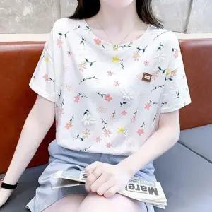 여자 예쁜 꽃 무늬 라운드넥 화사한 반팔 티셔츠 여성 U넥 반팔티 이너 여름 기본 얇은
