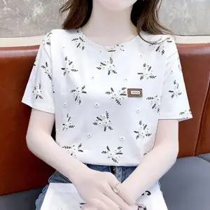 30대 40 여자 플라워 패턴 포인트 반팔 티셔츠 여성 U넥 라운드 반팔티 이너 여름